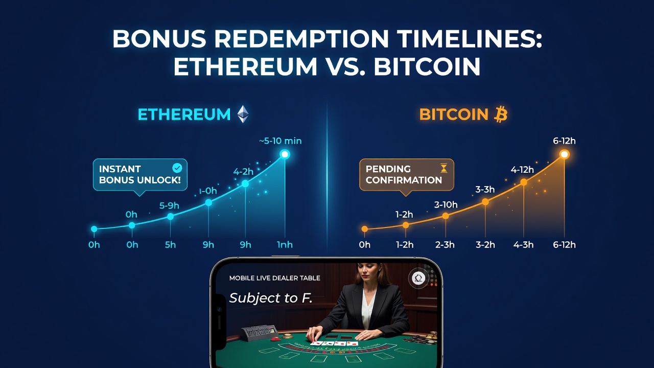 Timeline graphic illustrating bonus redemption stages for crypto payments at French-regulated mobile live dealer tables